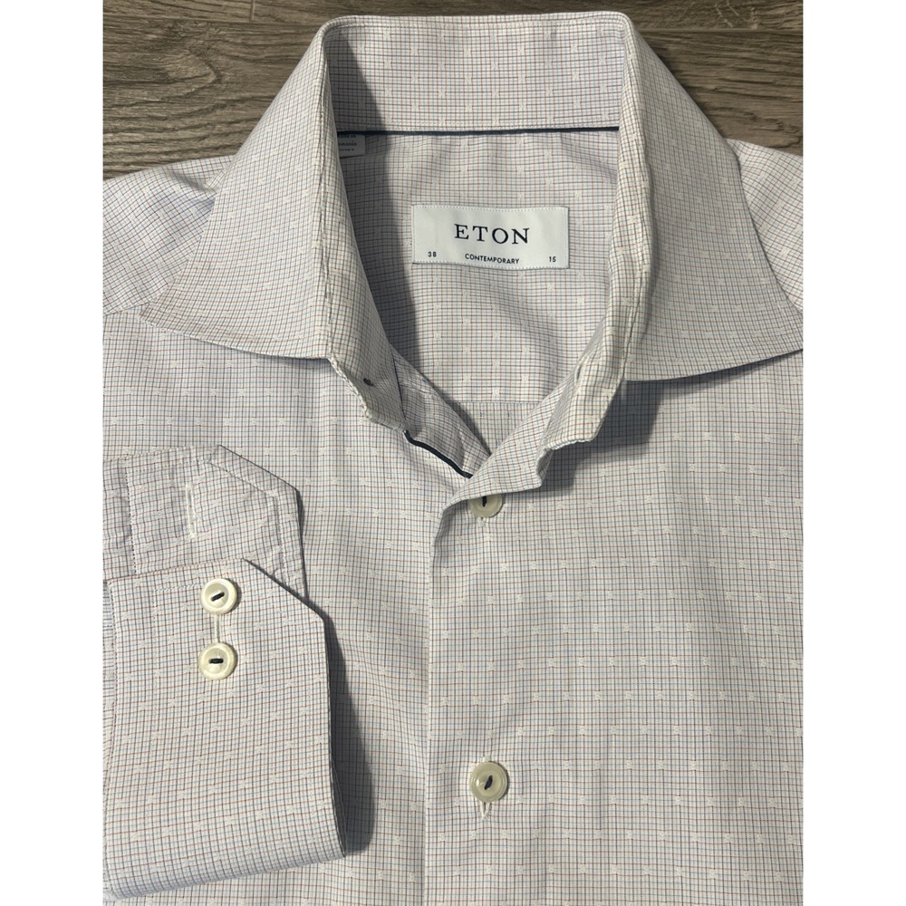 Eton Contemporary Dress Shirt Men's 15 38 White Blue Orange Micro Check Pattern